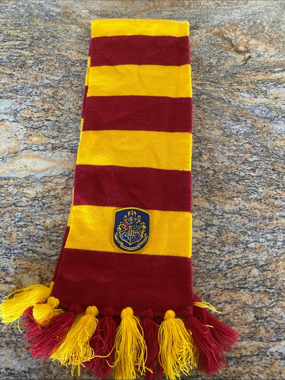 Kids Knit Stripe Scarf in Red and Yellow with Crest Patch